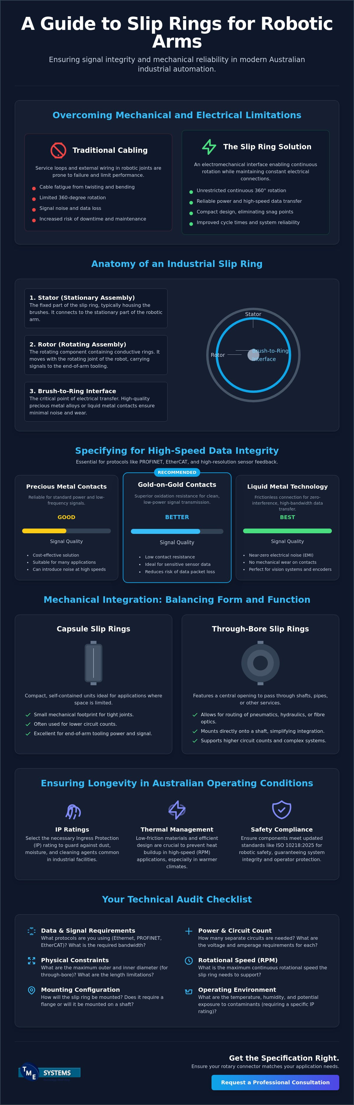 Selecting a Slip Ring for Robotic Arm Applications: A Technical Guide infographic
